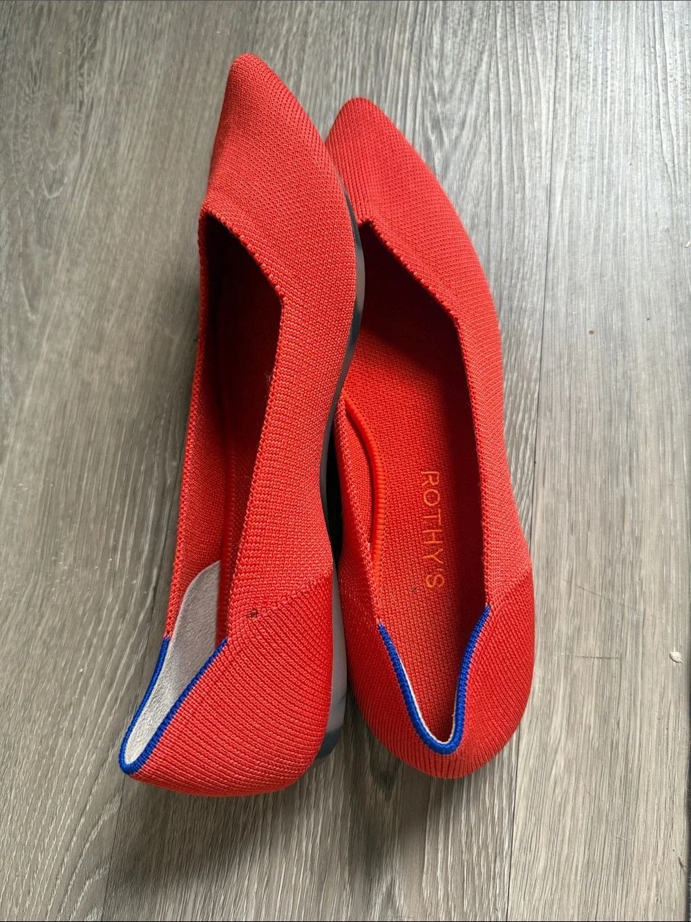 Rothy's Red Pointed Knit Slip-On Flats with Blue Trim